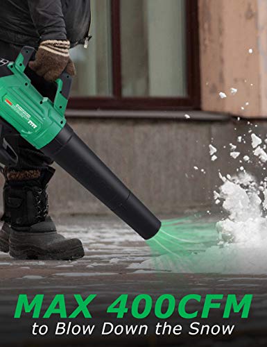 KIMO Cordless Leaf Blower - Powerful (400CFM 90MPH) -CLick Here KIMO Leaf Blower (Battery-Powered 400CFM) removing snow from driveway