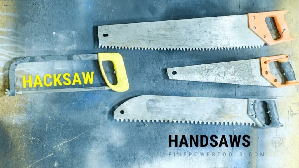 A hacksaw and three handsaws